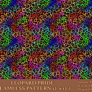 Puede incluir: Un patrón sin costuras que presenta un diseño de estampado de leopardo con un efecto degradado de arcoíris. El patrón mide 12 pulgadas por 12 pulgadas.