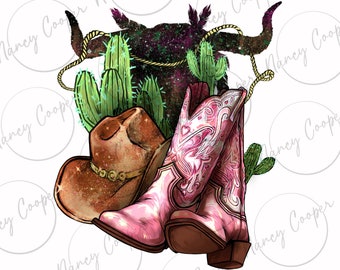Vaquera botas sombrero cuernos cactus png sublimación diseño descargar, vaquera png, vaquera amor png, vaquera vida png, sublimar diseños descargar
