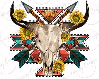 Aztec western bull skull png sublimation design download, western png design, bull skull png, hand drawn bull skull png, designs download