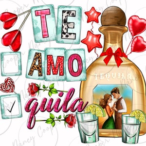 May include: A colourful graphic design with the words "Te Amo Tequila" in a whimsical font. The design features hearts, stars, and a bottle of tequila with two shot glasses.