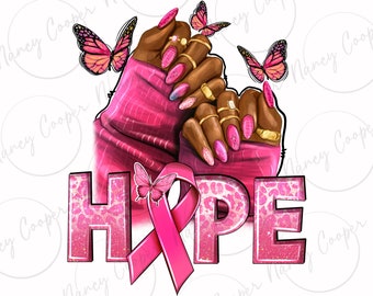 Hope Brustkrebs Nägel PNG Sublimation Design Download, Brustkrebs PNG, Krebsbewusstsein PNG, Afro Frau Hände PNG, sublimieren Download