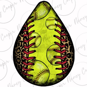 May include: A green and yellow softball with red stitching and a leopard print design. The softball is surrounded by smaller yellow softballs.