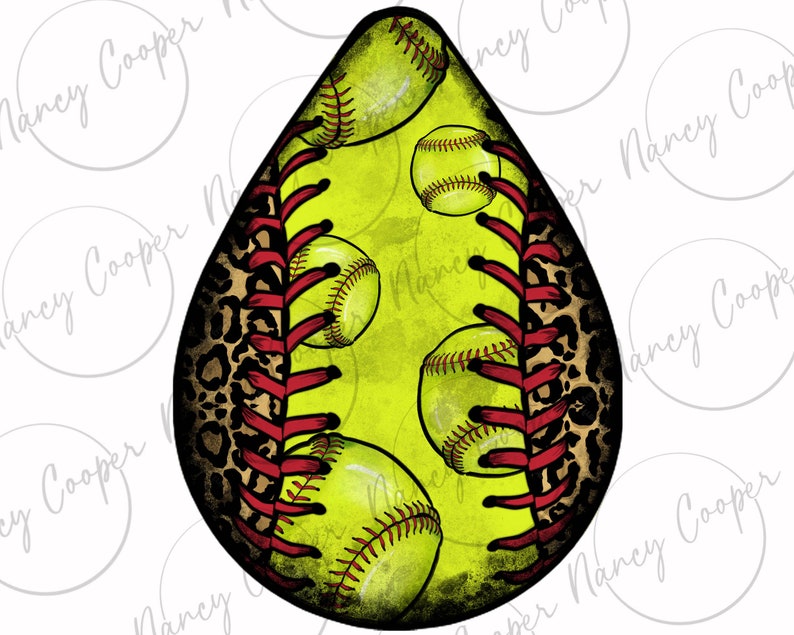 May include: A green and yellow softball with red stitching and a leopard print design. The softball is surrounded by smaller yellow softballs.