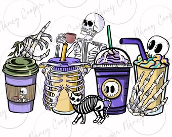 Skeleton coffee cups png sublimation design download, skeleton png, coffee cups png, coffee time png, sublimate designs download