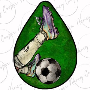 May include: A digital illustration of a soccer player kicking a soccer ball. The player is wearing purple and white cleats and a white sock. The soccer ball is black and white. The background is green.