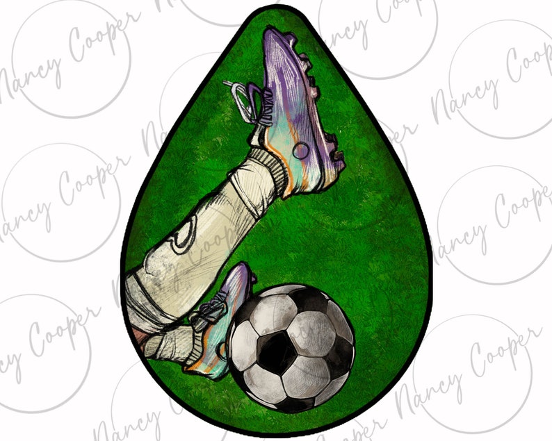 May include: A digital illustration of a soccer player kicking a soccer ball. The player is wearing purple and white cleats and a white sock. The soccer ball is black and white. The background is green.