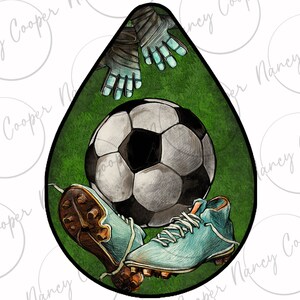 May include: A green and white soccer ball with blue and white soccer cleats and a blue and white goalie glove on a green background.