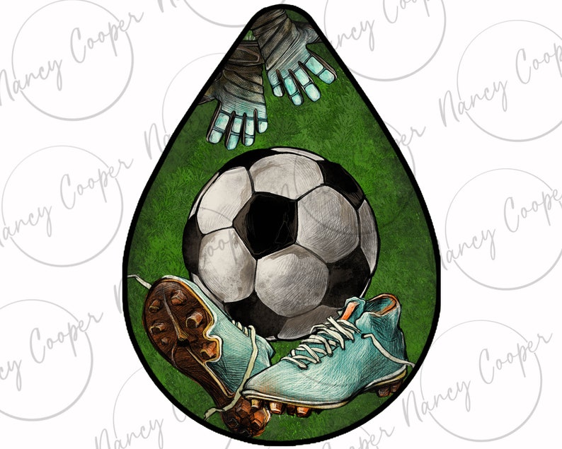 May include: A green and white soccer ball with blue and white soccer cleats and a blue and white goalie glove on a green background.
