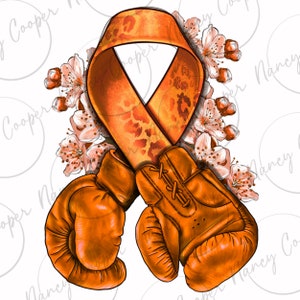 May include: Orange ribbon with a leopard print design tied in a bow with two orange boxing gloves. The ribbon is surrounded by white flowers.