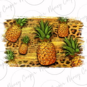May include: A digital illustration of pineapples on a leopard print background. The pineapples are yellow and green and have a distressed, vintage look.