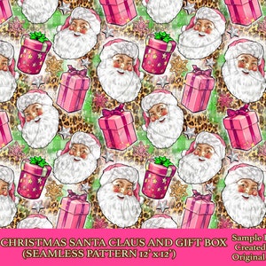 Pink Christmas Santa Claus and gift box seamless pattern digital paper, digital seamless pattern png, printable scrapbook paper