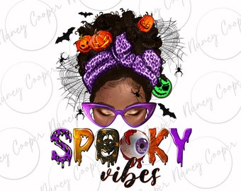 Spooky vibes afro messy bun png sublimation design download, spooky season png, Happy Halloween png, sublimate designs download