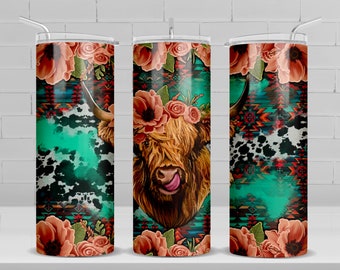 Cow floral aztec 20 oz skinny tumbler png sublimation design download, Cow tumbler wrap png, 20 oz tumbler designs, tumbler png download