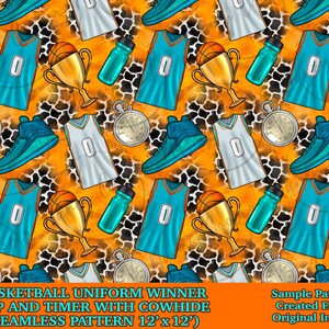 Basketball uniform winner cup and timer with cowhide seamless pattern digital paper, digital seamless pattern png, printable scrapbook paper
