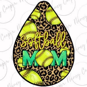 May include: A brown and black leopard print background with yellow softball graphics and the text "Softball Mom" in green and yellow.