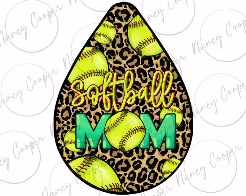 May include: A brown and black leopard print background with yellow softball graphics and the text "Softball Mom" in green and yellow.