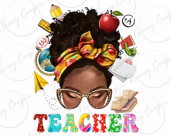 Téléchargement de conception de sublimation png de chignon désordonné de professeur afro, conception de chignon désordonné, png de la journée des enseignants, femme afro png, téléchargement de conceptions sublimées