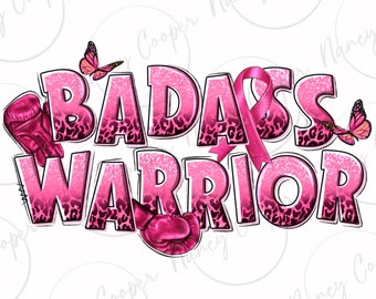 Puede incluir: Gráfico de purpurina rosa y negro con el texto "BADASS WARRIOR" con una cinta rosa y dos mariposas.