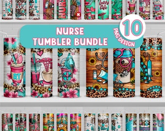 May include: A collection of ten nurse-themed tumbler designs. The tumblers feature various medical-related graphics, including syringes, stethoscopes, and floral accents. The designs incorporate a mix of colors, including teal, pink, and brown, with the text "Nurse Tumbler Bundle".