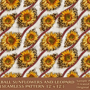 Baseball sunflowers and leopard seamless pattern digital paper, Baseball digital seamless pattern png, printable scrapbook paper