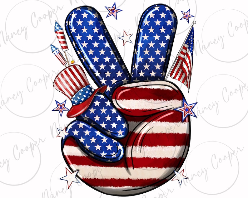 Pode incluir: Um sinal de paz com listras vermelhas e brancas e estrelas azuis, como a bandeira americana. O sinal de paz est&aacute; segurando um chap&eacute;u de copa vermelho, branco e azul. H&aacute; fogos de artif&iacute;cio e estrelas no fundo.