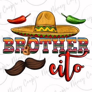 以下が含まれることがあります： 赤色の「Brothercito」という文字が書かれたカラフルなストライプ模様。文字の下には茶色の口ひげと小さなギターがあります。文字の上には黄色、緑、赤のアクセントがついたソンブレロがあります。
