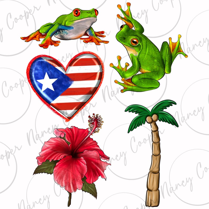 Pode incluir: Uma ilustra&ccedil;&atilde;o digital de uma flor de hibisco vermelha, uma palmeira verde, duas ranas arbor&iacute;colas verdes e uma imagem em forma de cora&ccedil;&atilde;o da bandeira porto-riquenha.