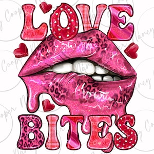 May include: A digital graphic with the words "LOVE BITES" in a pink, red, and white color scheme. The word "LOVE" is at the top, with the letter "O" as a bitten-out heart. Below are pink lips with a leopard print design and three heart-shaped candies.