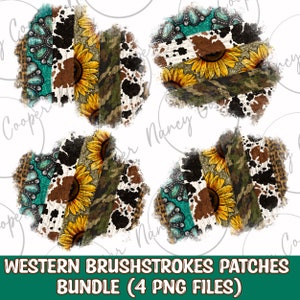 Op de afbeelding: Vier digitale clipart-afbeeldingen van western-thema patches met een koehuid, camouflage, turquoise en zonnebloem ontwerp. De patches zijn in een penseelstreep stijl.