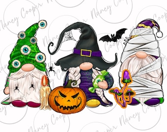 May include: Three Halloween gnomes with different costumes. One gnome is wearing a witch hat and purple dress, another is wearing a green hat with eyeballs and a white beard, and the last gnome is wearing a white bandage costume with a purple mushroom.