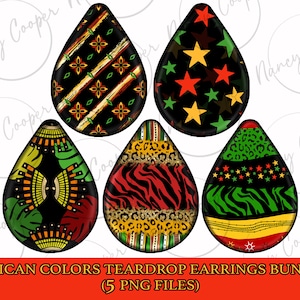 May include: Five teardrop-shaped earring designs featuring African-inspired patterns in red, yellow, green, and black. The designs include geometric shapes, stars, animal prints, and traditional African patterns.