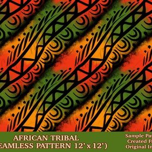 May include: A seamless pattern featuring a tribal design in black, orange, yellow, and green. The pattern is repeated in a diagonal direction.