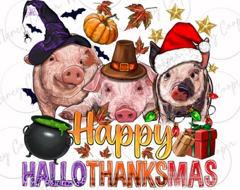 Happy Hallothanksmas Pigs png sublimation design download, Christmas png, Halloween png, Thanksgiving png, animal png, designs download