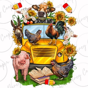 Farm animals with school bus png sublimation design download, back to school png, farm love png, farm life png, school png, designs download