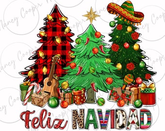 May include: Three Christmas trees decorated with ornaments, lights, and candy canes. The tree on the left is red and black plaid, the middle tree is green with red chili peppers, and the tree on the right is green with red roses. The trees are surrounded by presents and a guitar. The text "Feliz Navidad" is written at the bottom of the image.