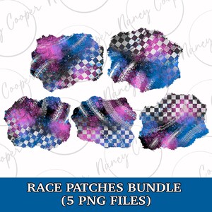 May include: Five digital clipart images of race car patches. The patches are in a distressed style with a blue, pink, and black color scheme. The patches feature a checkered flag pattern and tire tracks.