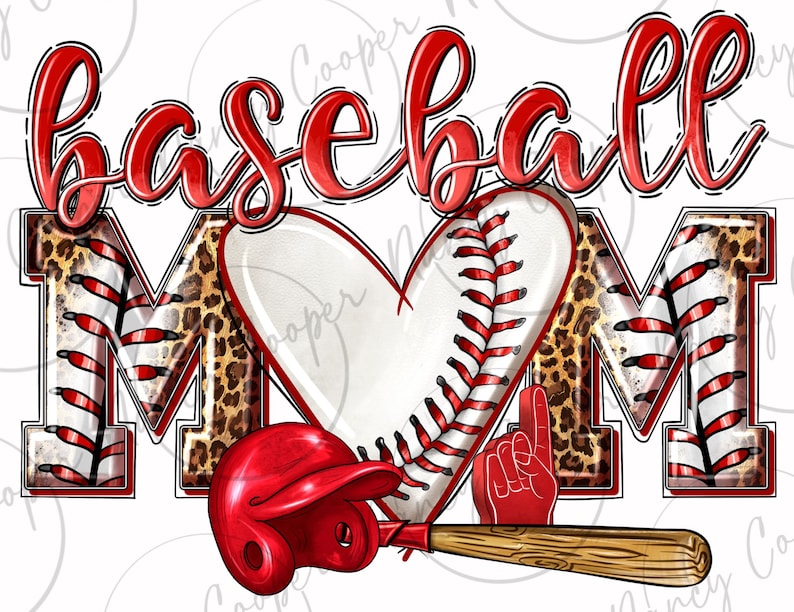 May include: Baseball Mom graphic with a red heart, baseball, and bat. The heart is covered in a leopard print pattern and the letters are outlined in red.