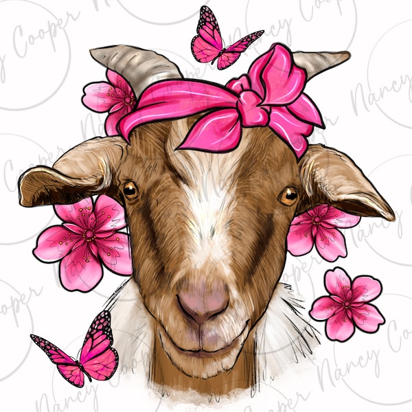 Pink floral bandana Goat png sublimation design download, goat png, animal png,floral png design,pink bandana png,sublimate designs download