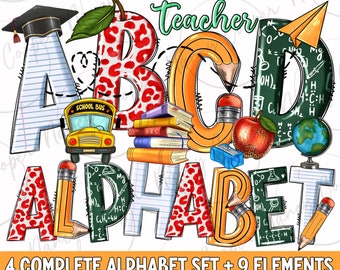 Teacher alphabet png files bundle, Teacher&#39;s Day doodle letters png, Teacher letters png, sublimate designs download