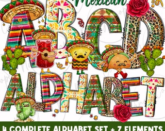 Könnte beinhalten: Ein farbenfroher Alphabet-Satz mit mexikanisch inspirierten Designs. Jeder Buchstabe ist mit lebendigen Mustern verziert, darunter Streifen, Punkte und florale Motive. Die Buchstaben sind von verschiedenen Elementen umgeben, wie z. B. Kakteen, Blumen und einem Sombrero.