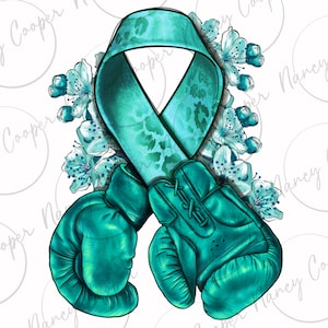 May include: A teal ribbon with a leopard print design, intertwined with teal boxing gloves and surrounded by light blue floral accents. The design is set against a white background, creating a striking contrast. The image is a digital illustration.