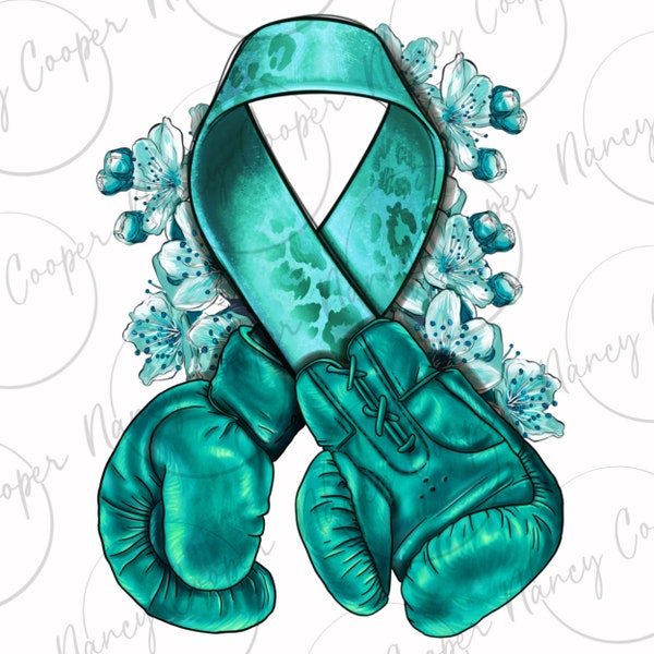 Ovarian Cancer teal ribbon with boxing gloves png sublimation design download, Ovarian  Cancer png, Cancer Awareness png, sublimate download