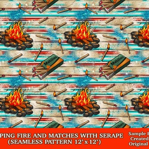 Camping fire and matches with serape seamless pattern digital paper, Camping digital seamless pattern png, printable scrapbook paper