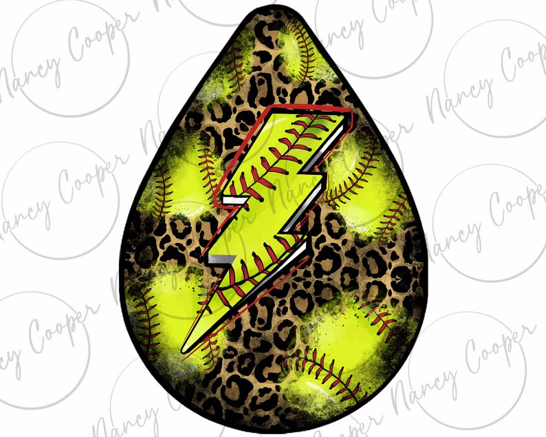 May include: A yellow softball with a red lightning bolt design and a leopard print background.