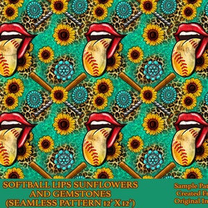 May include: A seamless pattern featuring red lips with a baseball tongue, sunflowers, turquoise gemstones, and crossed baseball bats on a teal background. Leopard print accents add texture. The text "SOFTBALL LIPS SUNFLOWERS AND GEMSTONES" is at the bottom.