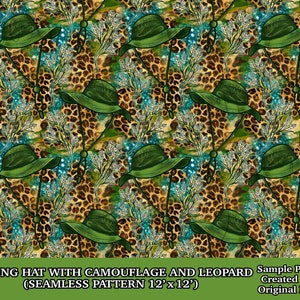 May include: A seamless pattern featuring a green fishing hat with a camouflage and leopard print background. The pattern is 12 inches by 12 inches.