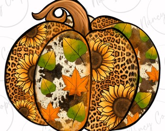 Leopard cowhide sunflower pumpkin png sublimation design download, western pumpkin png, Autumn png, Fall pumpkin png, designs download