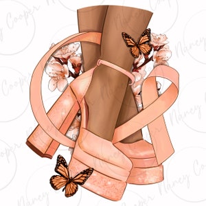 May include: A pair of peach-colored platform heels with glitter accents. The heels are wrapped in a peach-colored ribbon and adorned with two orange butterflies.