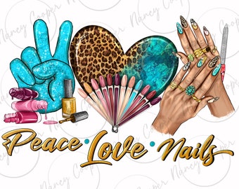 May include: Peace Love Nails design featuring a peace sign, a heart with leopard print and turquoise, a fan of nail polish, and a hand with manicured nails.
