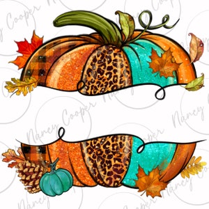 May include: A glittery orange pumpkin with a teal, leopard print, and plaid design. The pumpkin has a blank banner with the text "Nancy Cooper" on it. The pumpkin is surrounded by fall leaves.